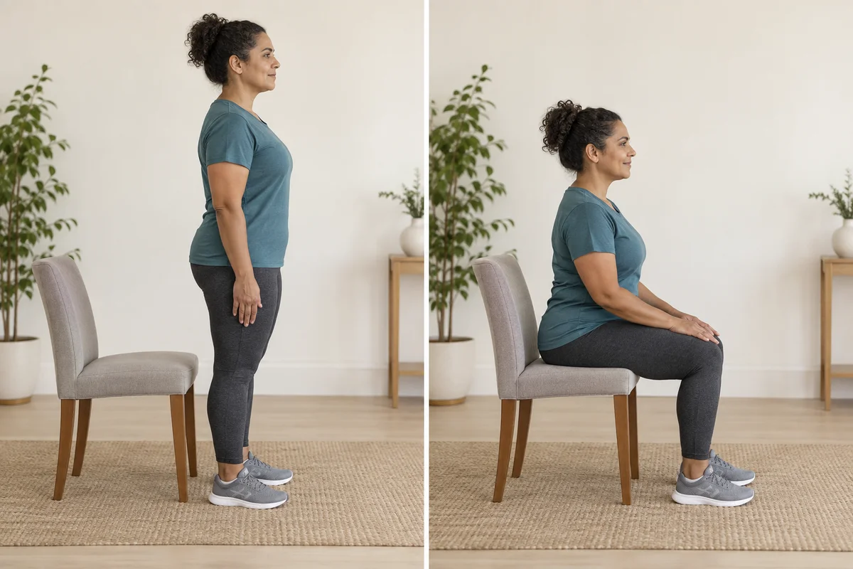 Chair squat: start position on the left and movement position on the right
